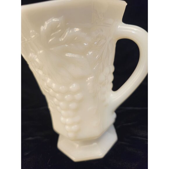 Vintage Milk Glass Pitcher With Embossed Grape Vine Design & Hexagonal Base - Picture 4 of 7